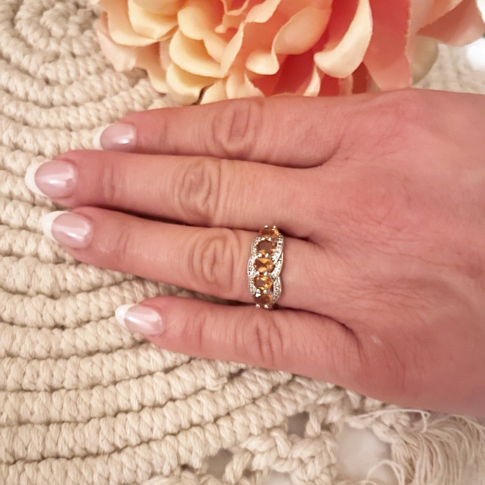 Hessonite 5 stone and White Zircon Ring